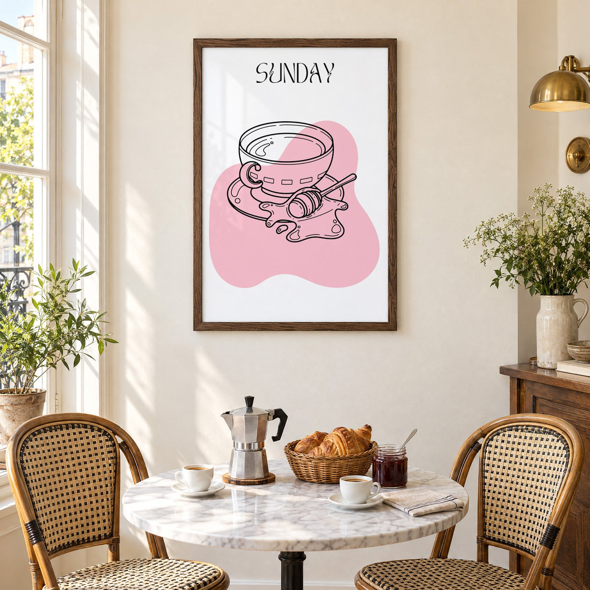 SUNDAY teacup and honey dipper line print in a walnut frame above a marble bistro table with croissants and rattan chairs