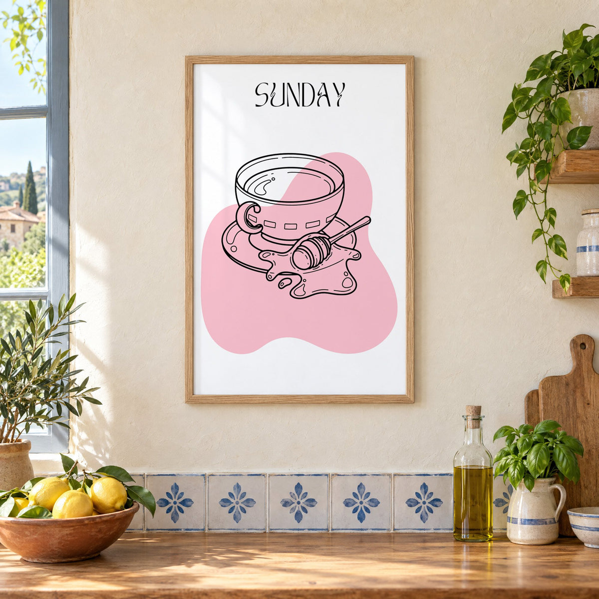 SUNDAY teacup and honey dipper line print in an oak frame on a cream plaster wall above a worktop with a bowl of lemons and blue-and-white tiles
