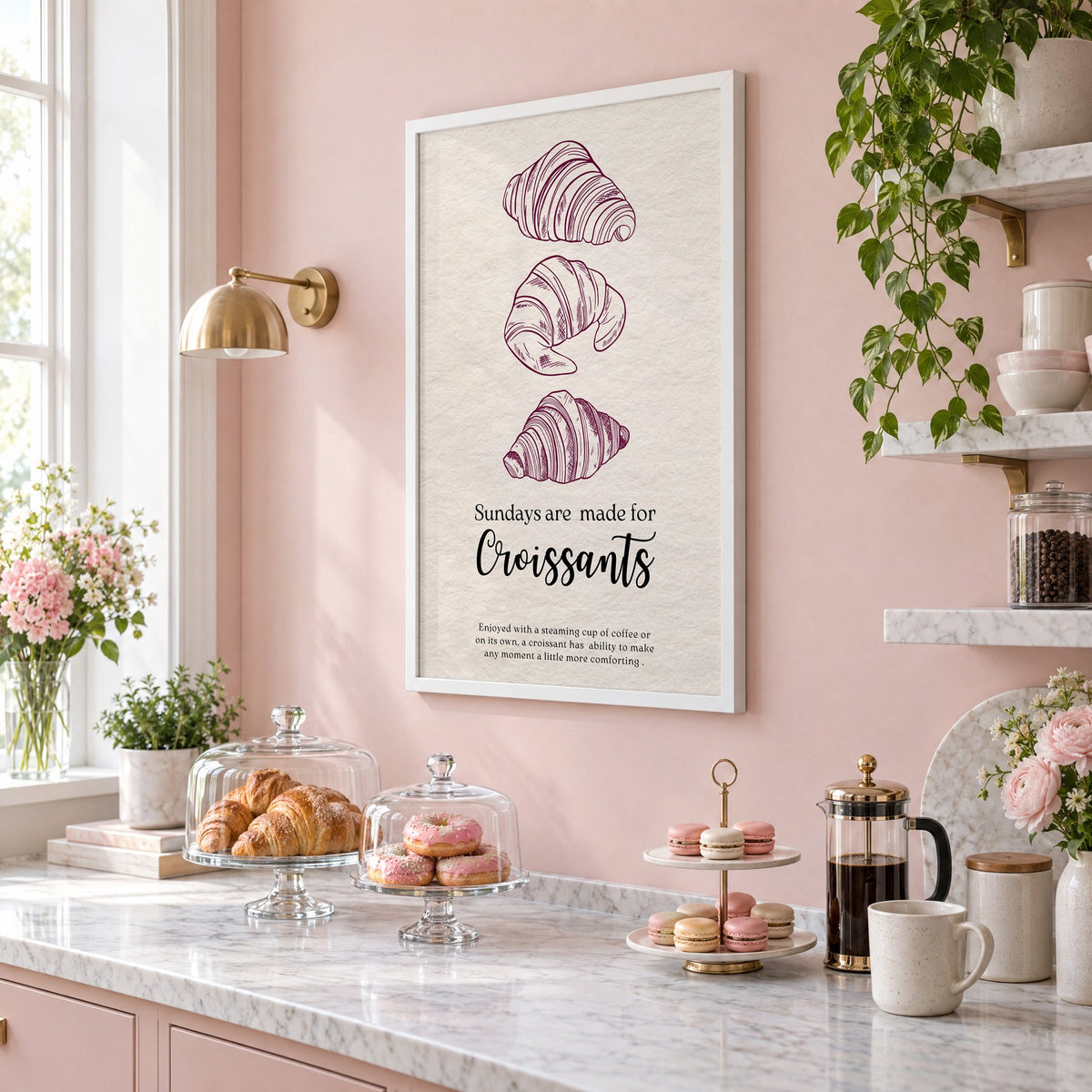 Sundays are made for Croissants burgundy engraving print in a white frame on a blush pink wall above a patisserie counter with croissants and macarons, seen at an angle
