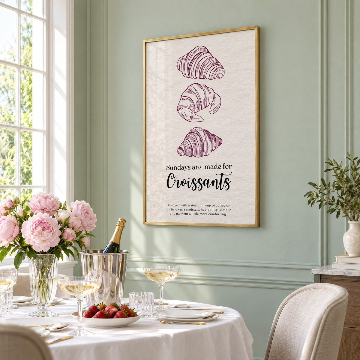 Sundays are made for Croissants burgundy engraving print in a brass frame on a sage wall above a brunch table with champagne and peonies, seen at an angle