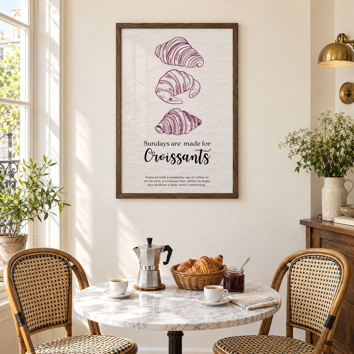 Sundays are made for Croissants burgundy engraving print in a walnut frame above a marble bistro table with croissants and rattan chairs