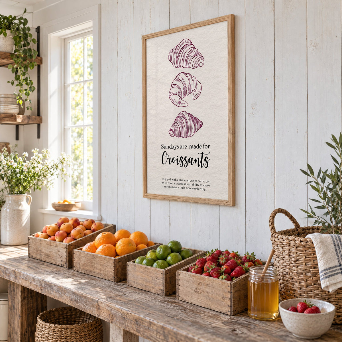 Sundays are made for Croissants burgundy engraving print in an oak frame on white plank walls above wooden crates of fresh fruit, seen at an angle