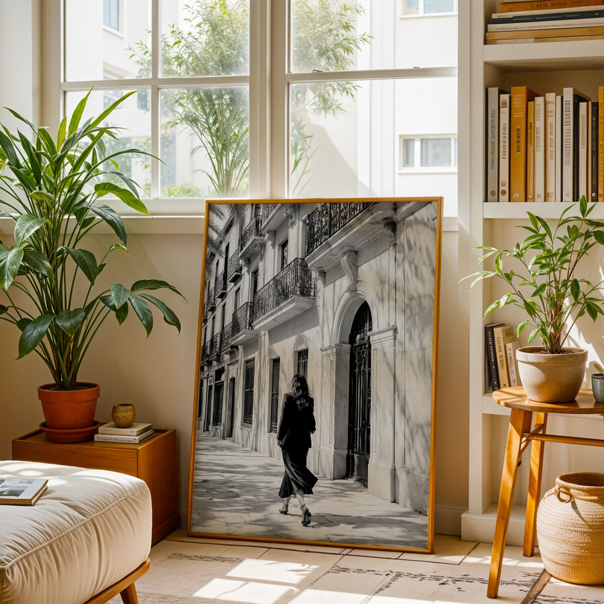 Black and white woman walking under iron balconies print shown in a brass frame leaning on a sunlit living room floor