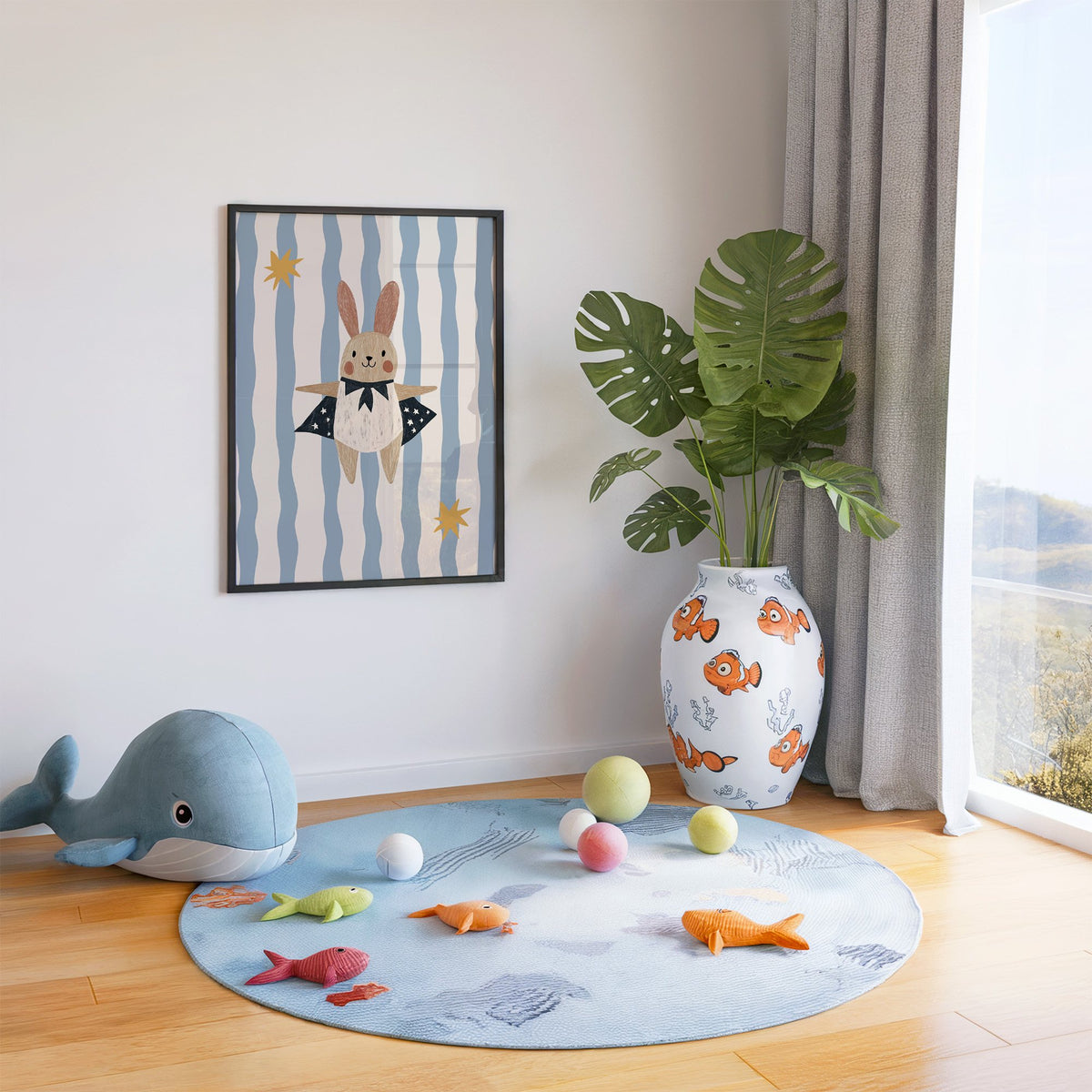 Superhero bunny star cape nursery print in a black frame in a playroom with an ocean rug and whale plush