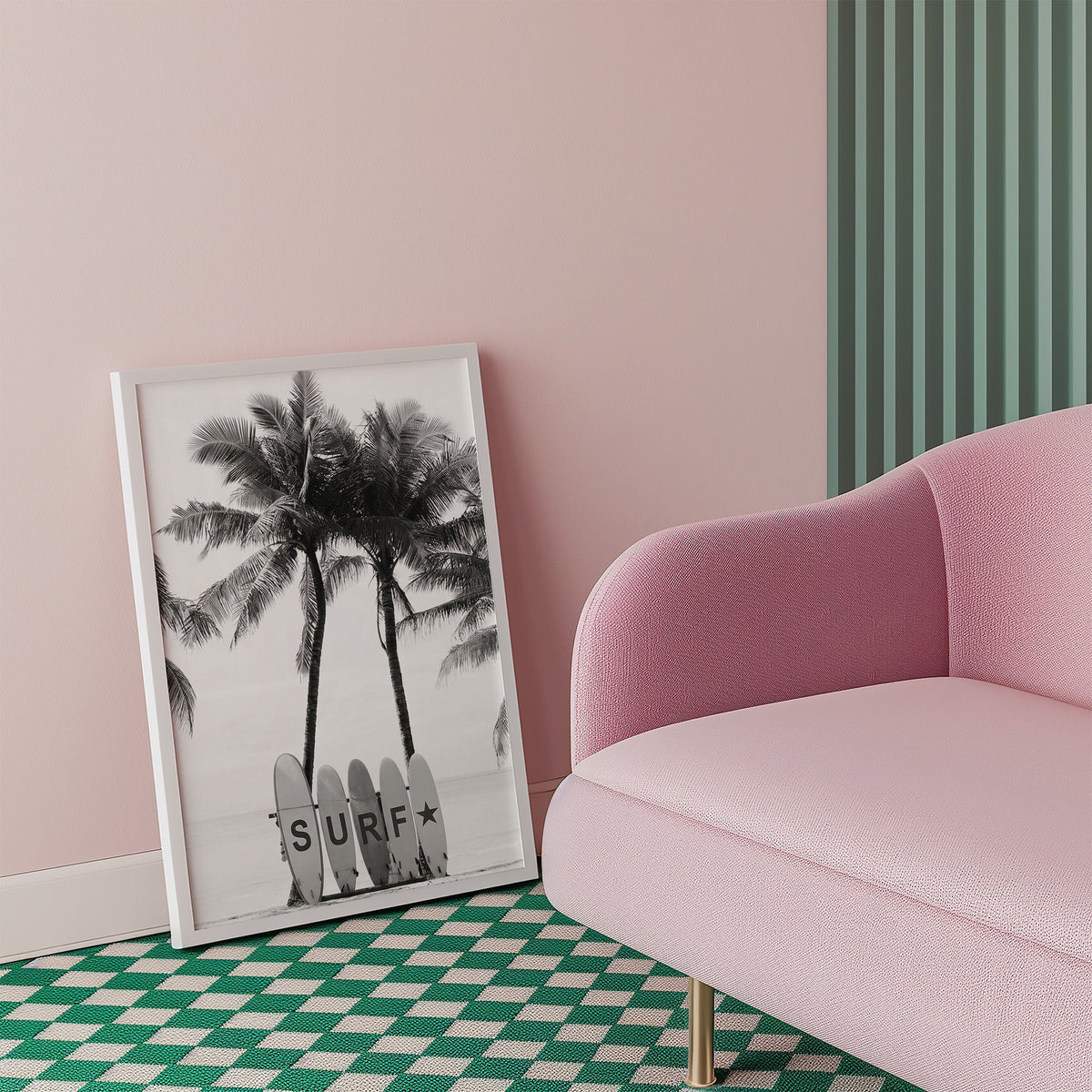 Five surfboards spelling SURF under coconut palms print in a white frame beside a pink armchair on a checkered floor