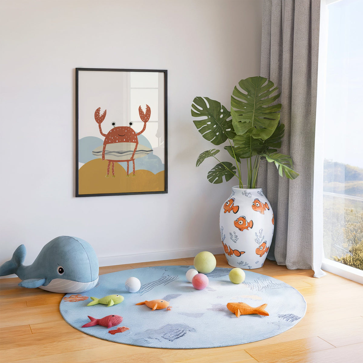 Surfing crab mustard hills nursery print in a black frame in a playroom with an ocean rug and whale plush
