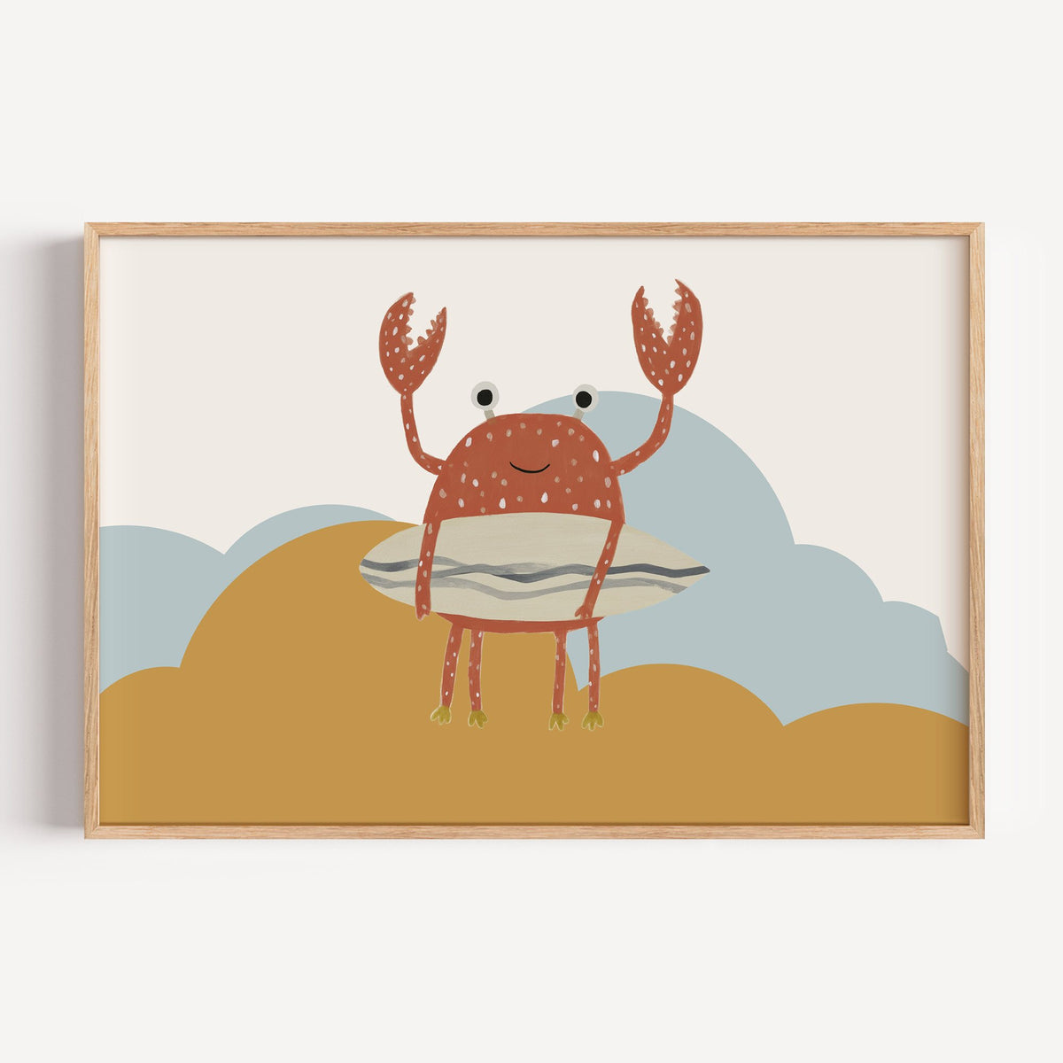 Landscape surfing crab mustard hills nursery print in a light oak frame on a plain white wall