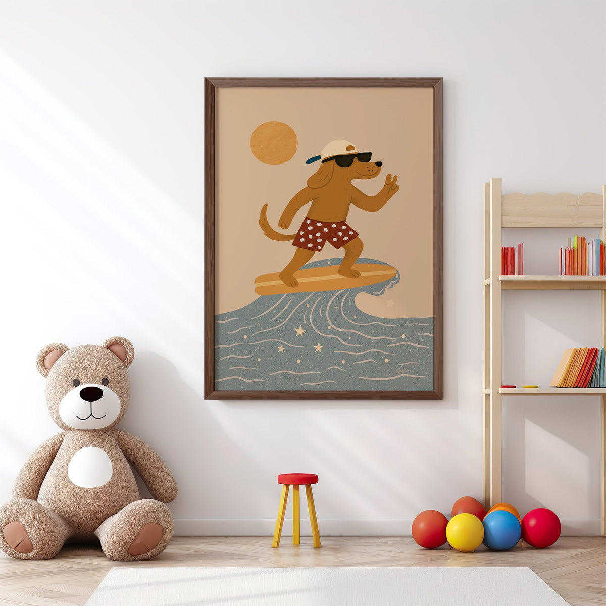 Surfing dog with peace sign nursery print in a walnut frame above a big teddy bear by a bookshelf