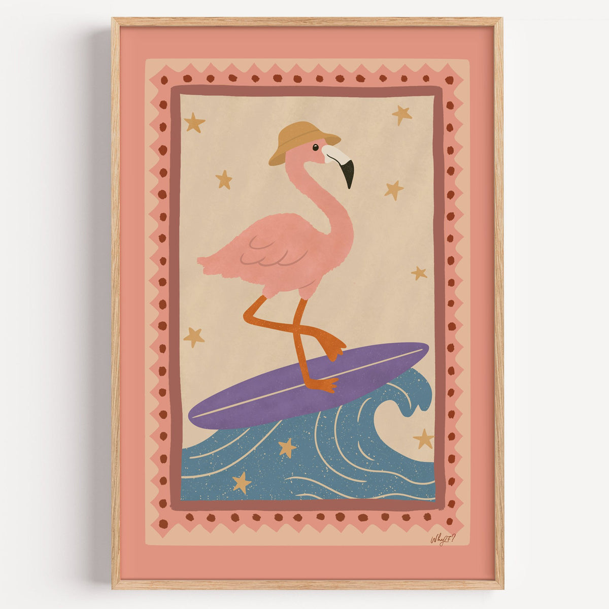 Flamingo on purple surfboard nursery print in a light oak frame on a plain white wall