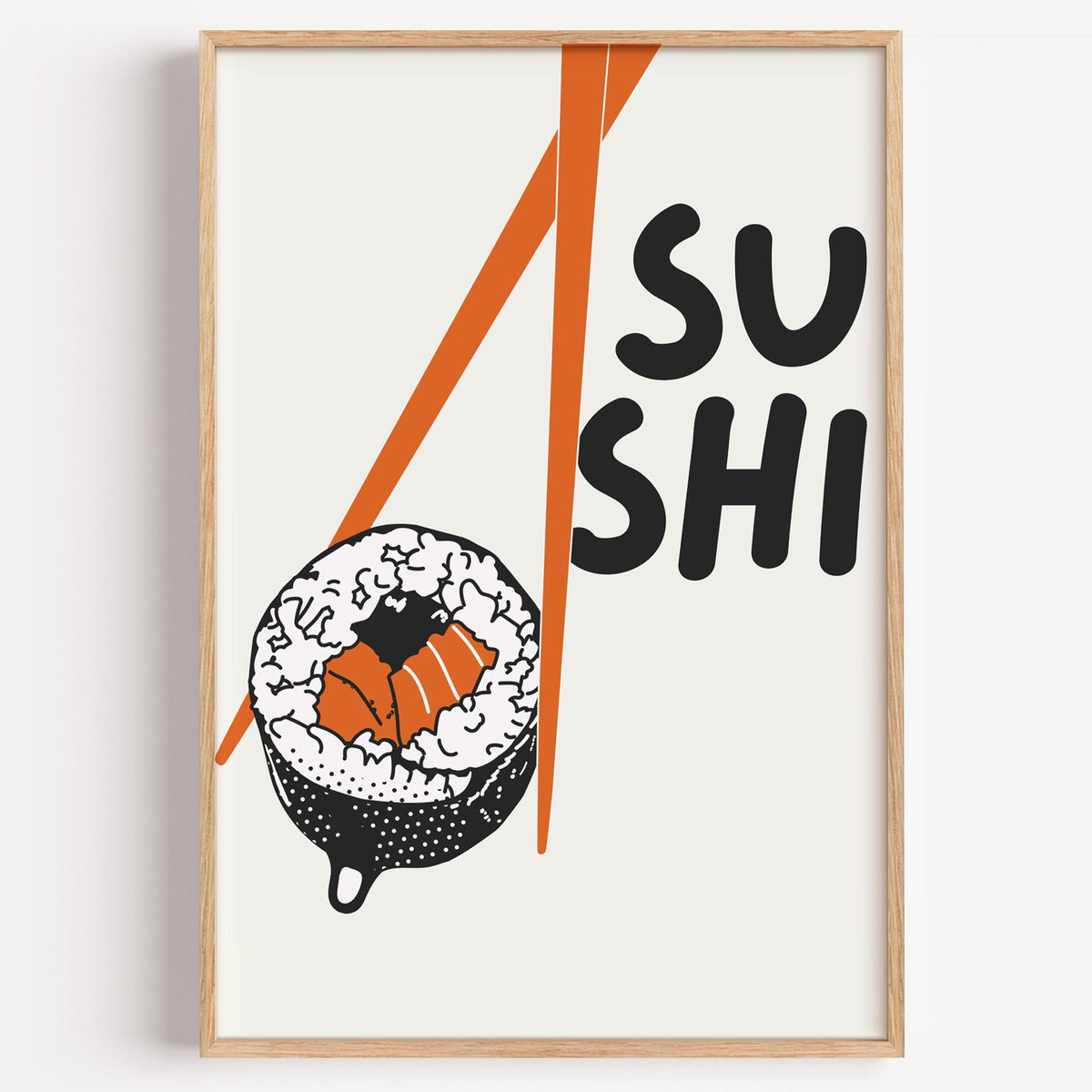 Sushi roll chopsticks print in a light oak frame on a plain white wall