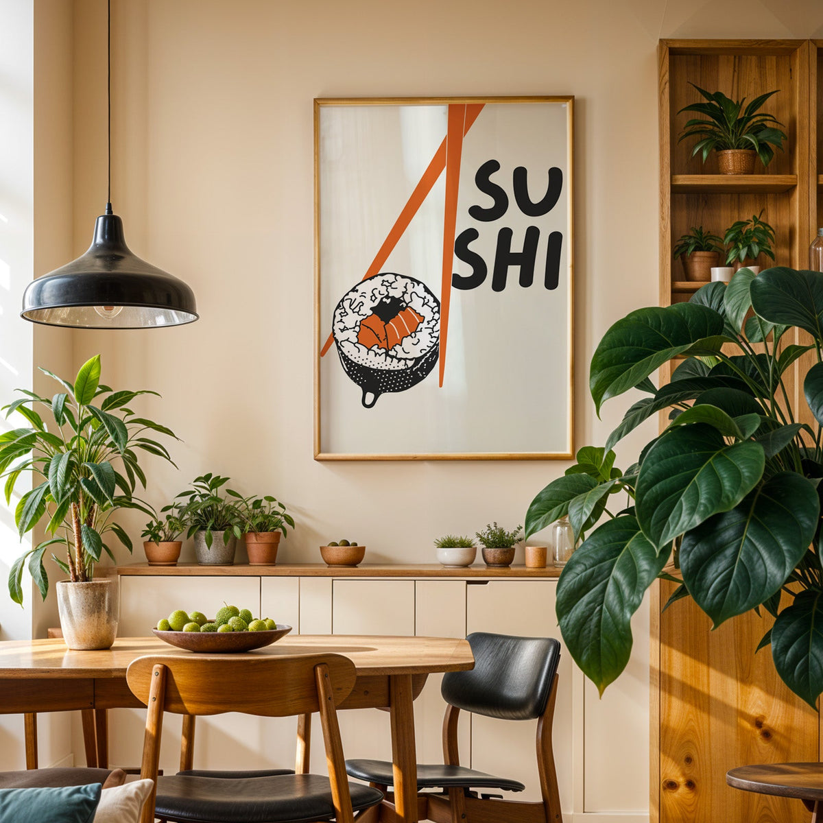 Sushi roll print in an oak frame in a dining room above a plant-lined sideboard