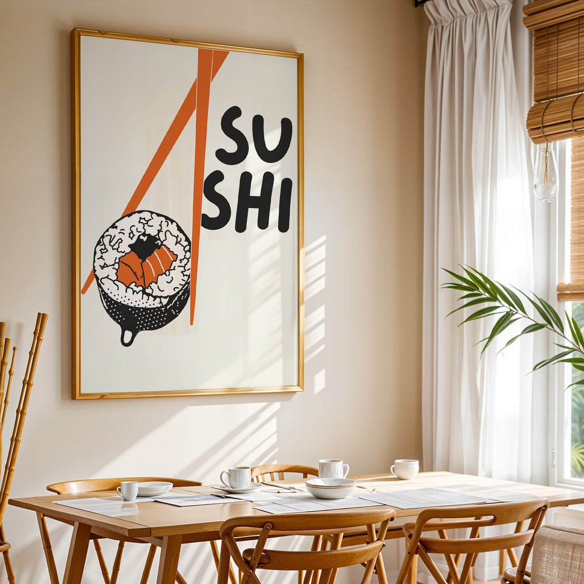 Sushi roll print shown in a gold frame above a breakfast table by a curtained window
