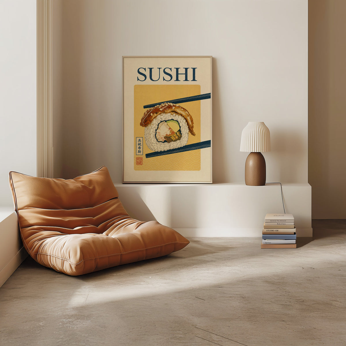 sushi roll in navy chopsticks print in a light oak frame on a white ledge by a tan leather floor chair