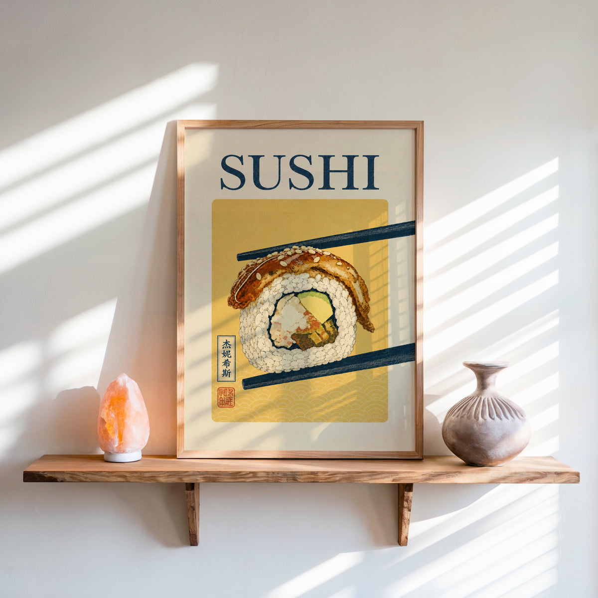 sushi roll in navy chopsticks print in an oak frame on a live-edge wall shelf with a salt lamp and clay vase