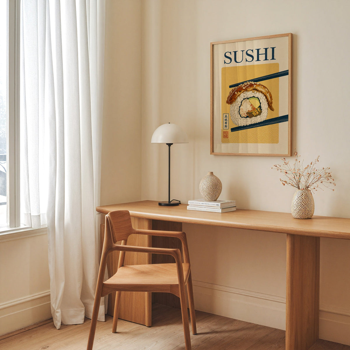 sushi roll in navy chopsticks print in an oak frame above a long oak desk with a white dome lamp and woven vases