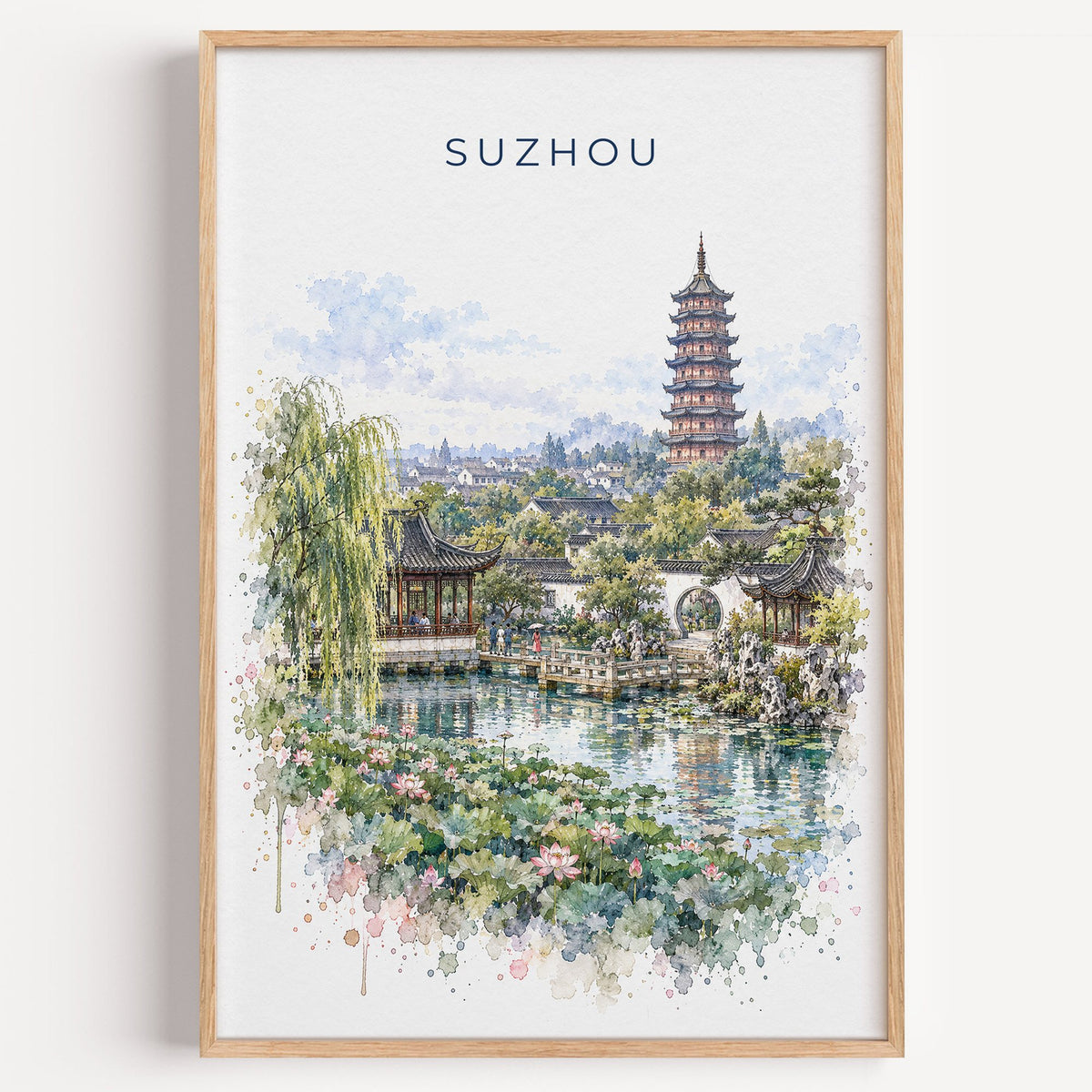 Suzhou watercolor print in a light oak frame on a plain white wall