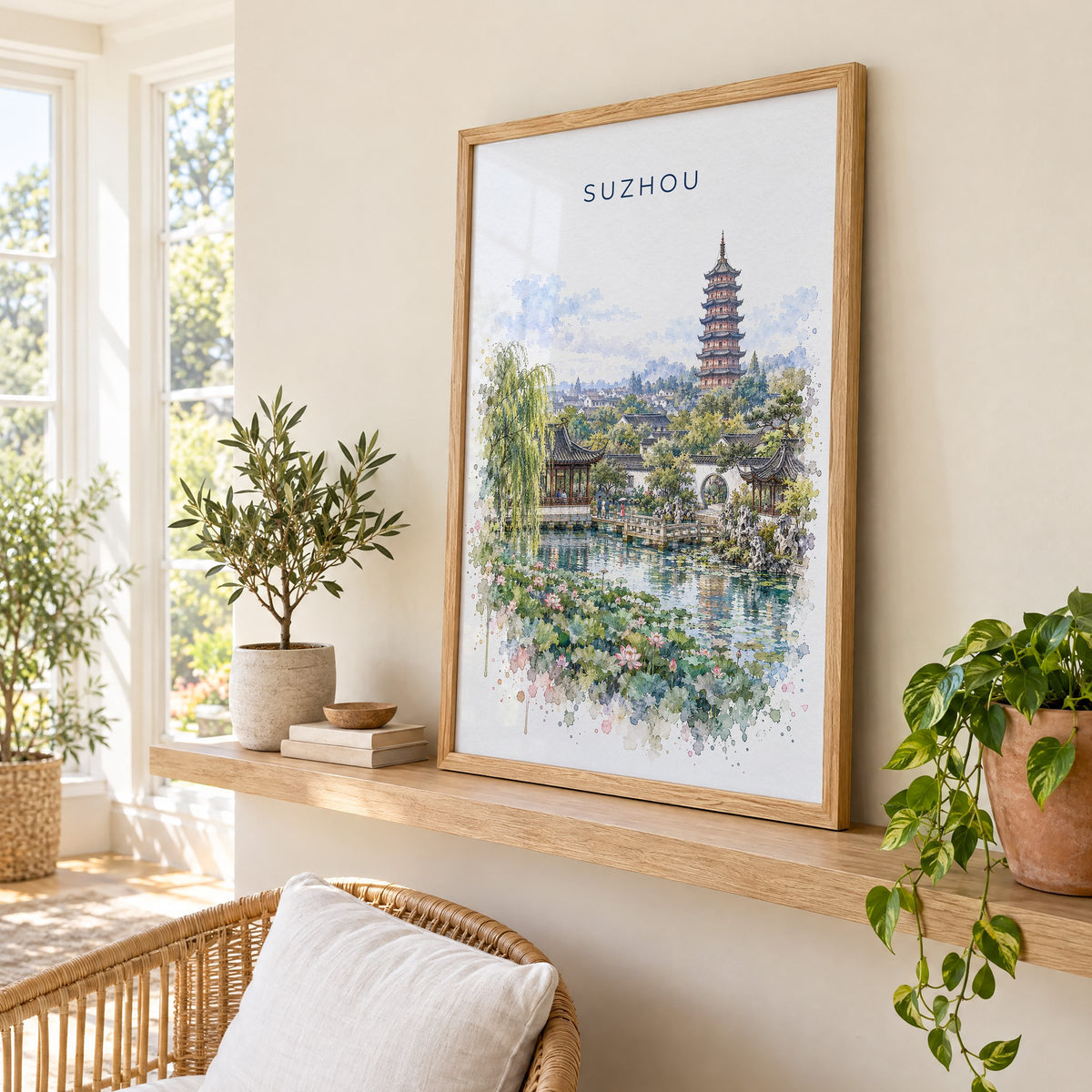 Suzhou watercolor print in an oak frame on a picture ledge in a sunlit sunroom