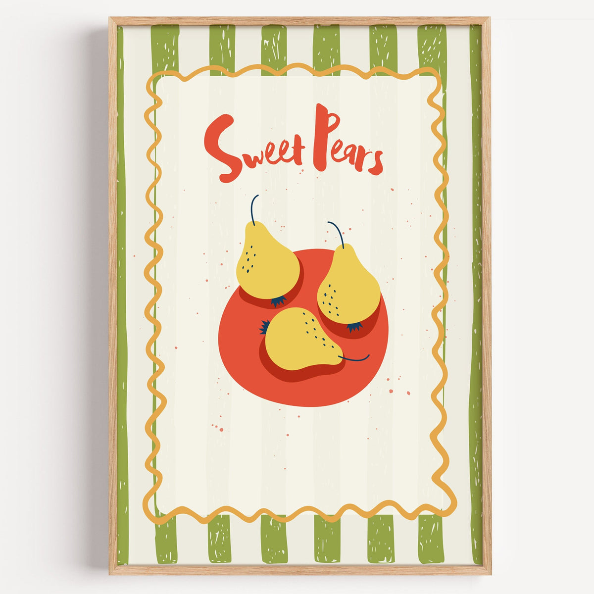 Sweet Pears green stripe print in a light oak frame on a plain white wall