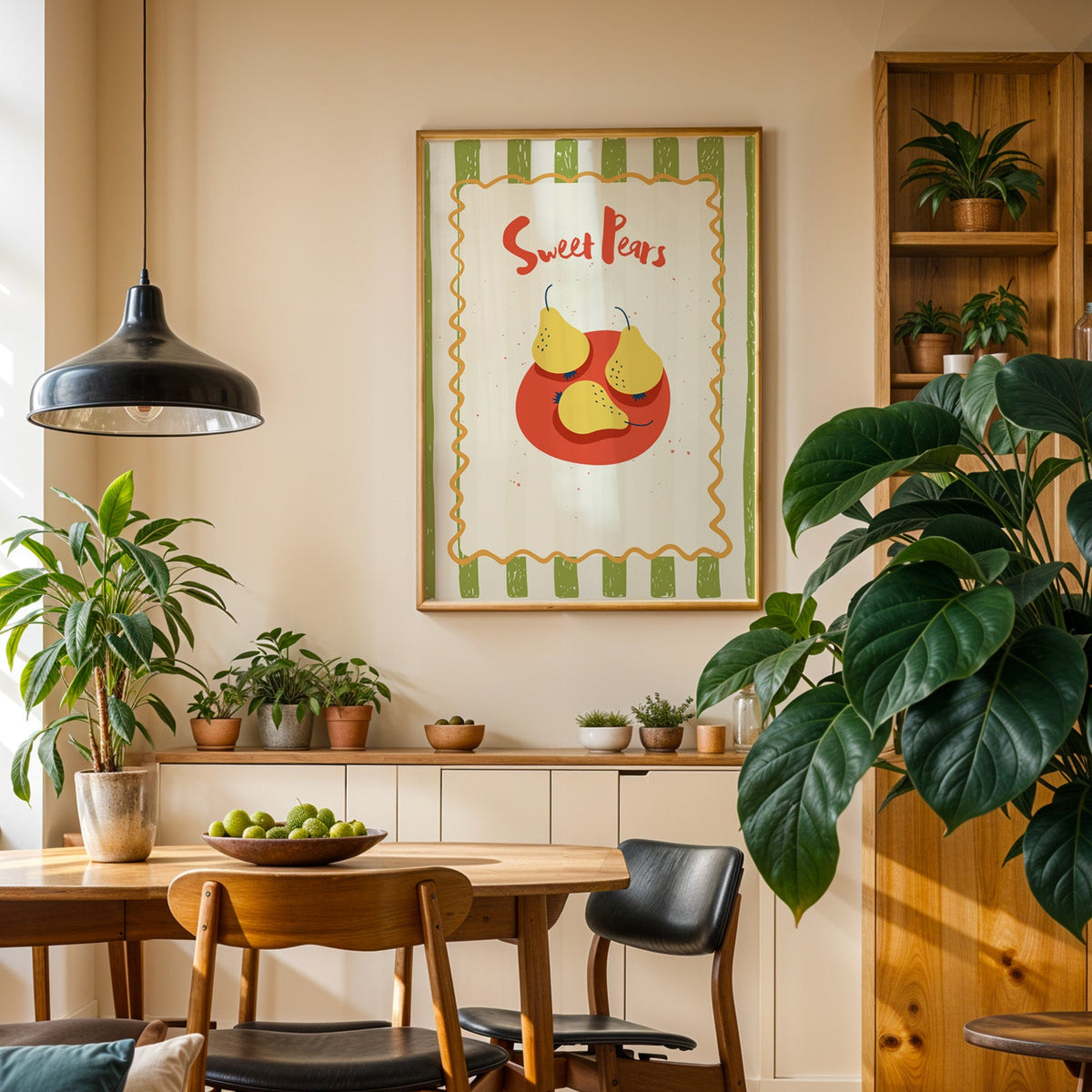 Sweet Pears print in an oak frame in a dining room above a plant-lined sideboard