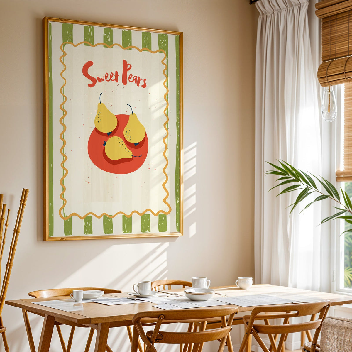 Sweet Pears print shown in a gold frame above a breakfast table by a curtained window