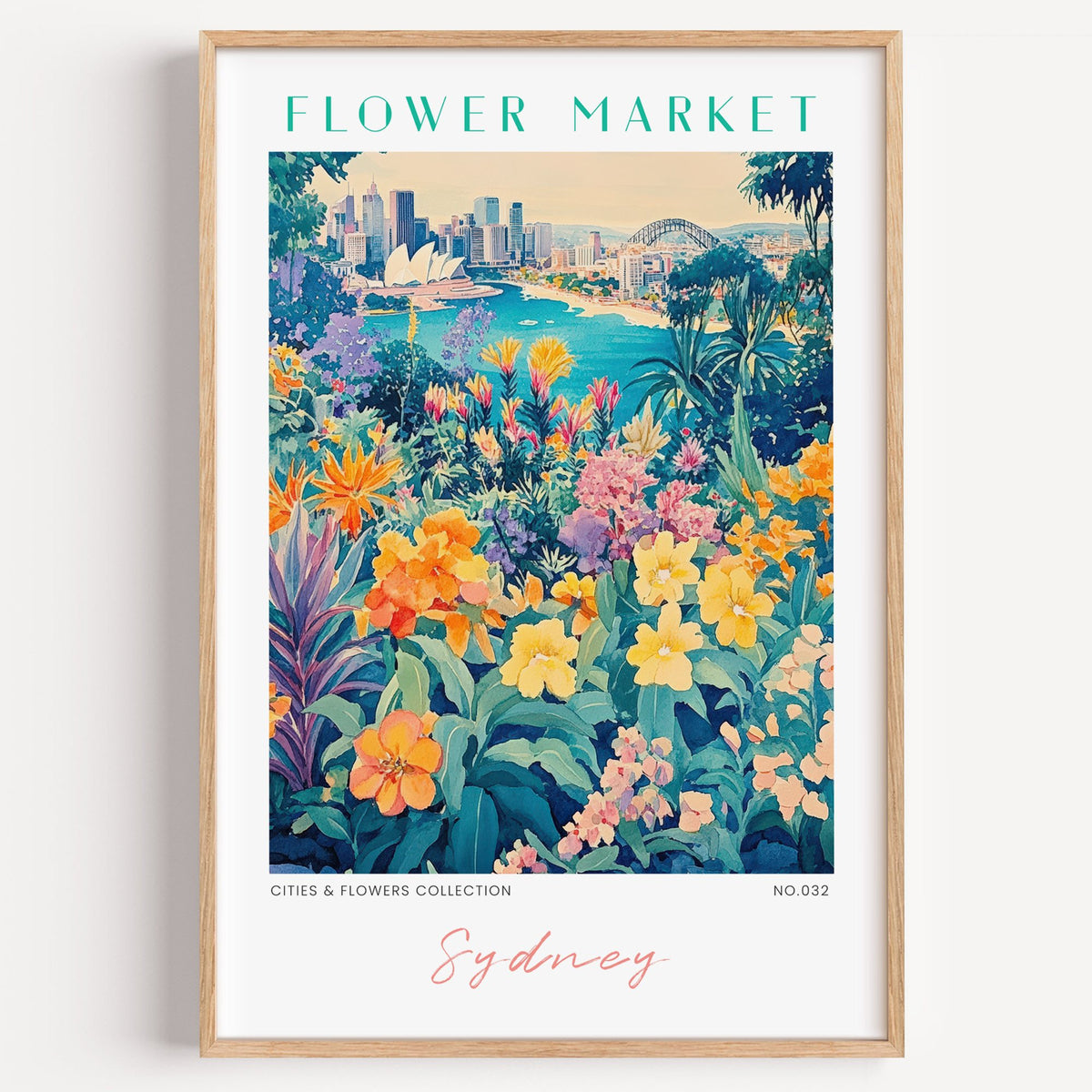 Sydney flower market print in a light oak frame on a plain white wall