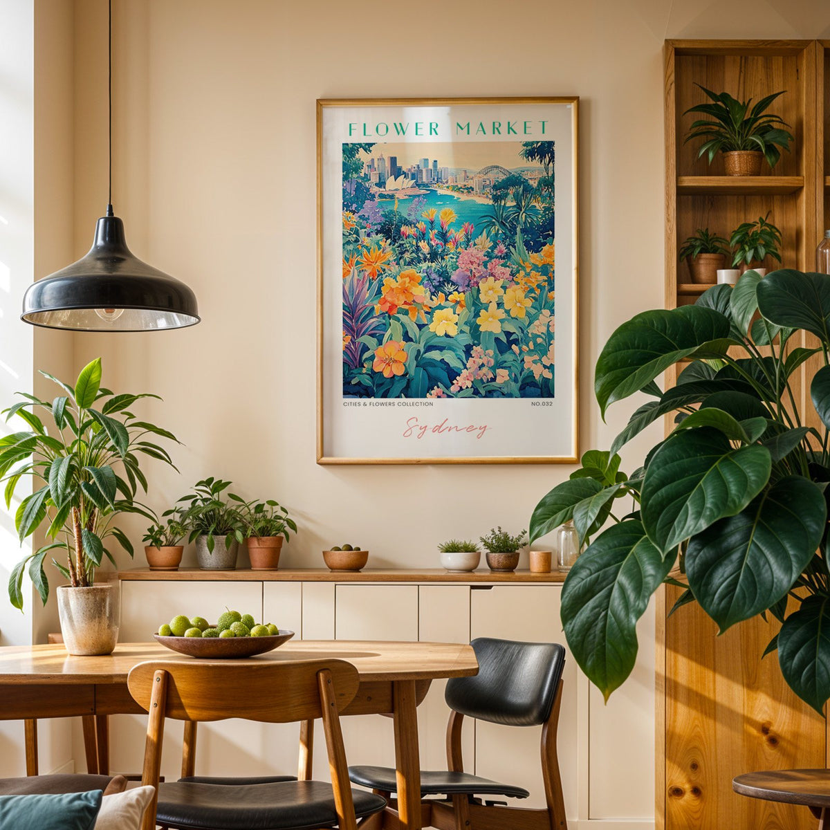 Sydney flower market print in an oak frame above a dining sideboard lined with potted plants