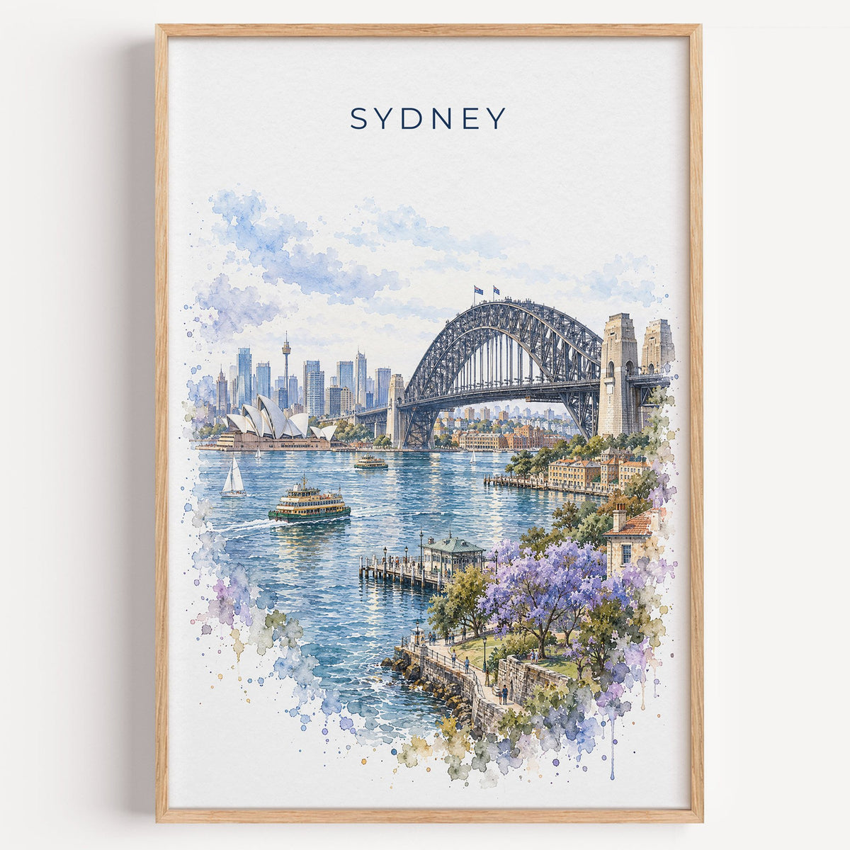 Sydney Harbour Bridge watercolor print in a light oak frame on a plain white wall