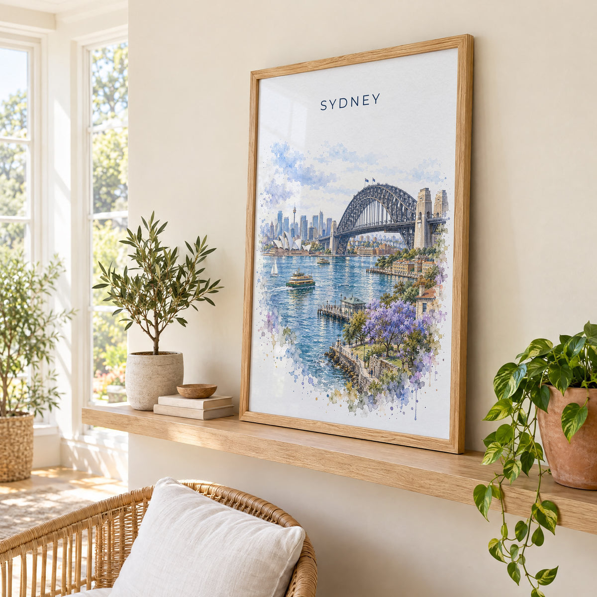Sydney Harbour Bridge watercolor print in an oak frame on a picture ledge in a sunlit sunroom
