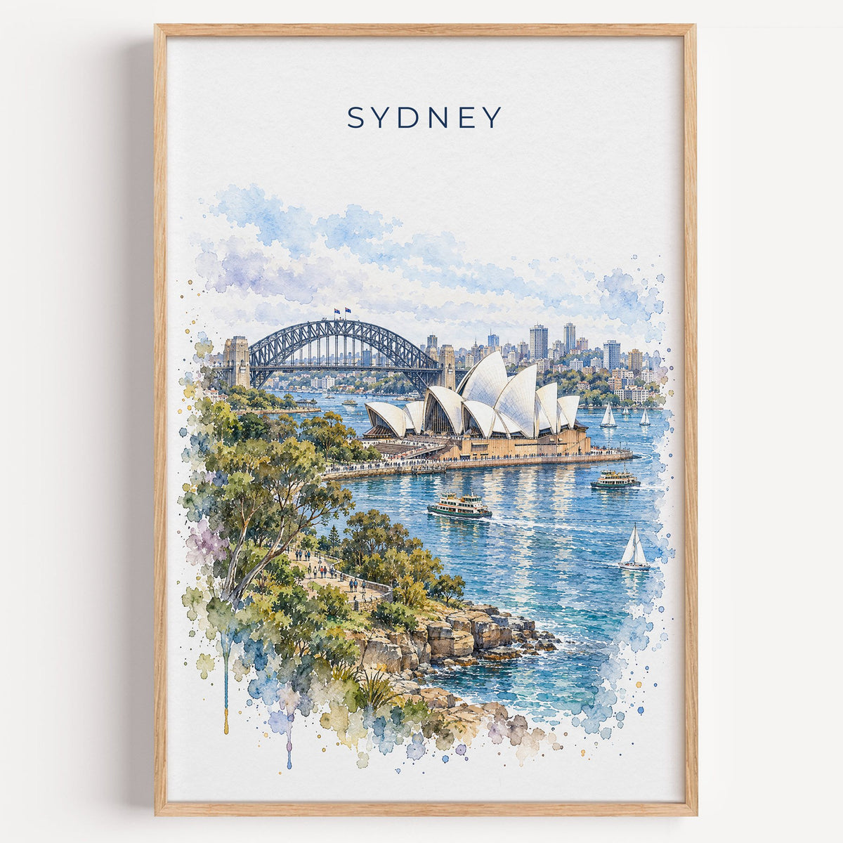 Sydney watercolor print in a light oak frame on a plain white wall