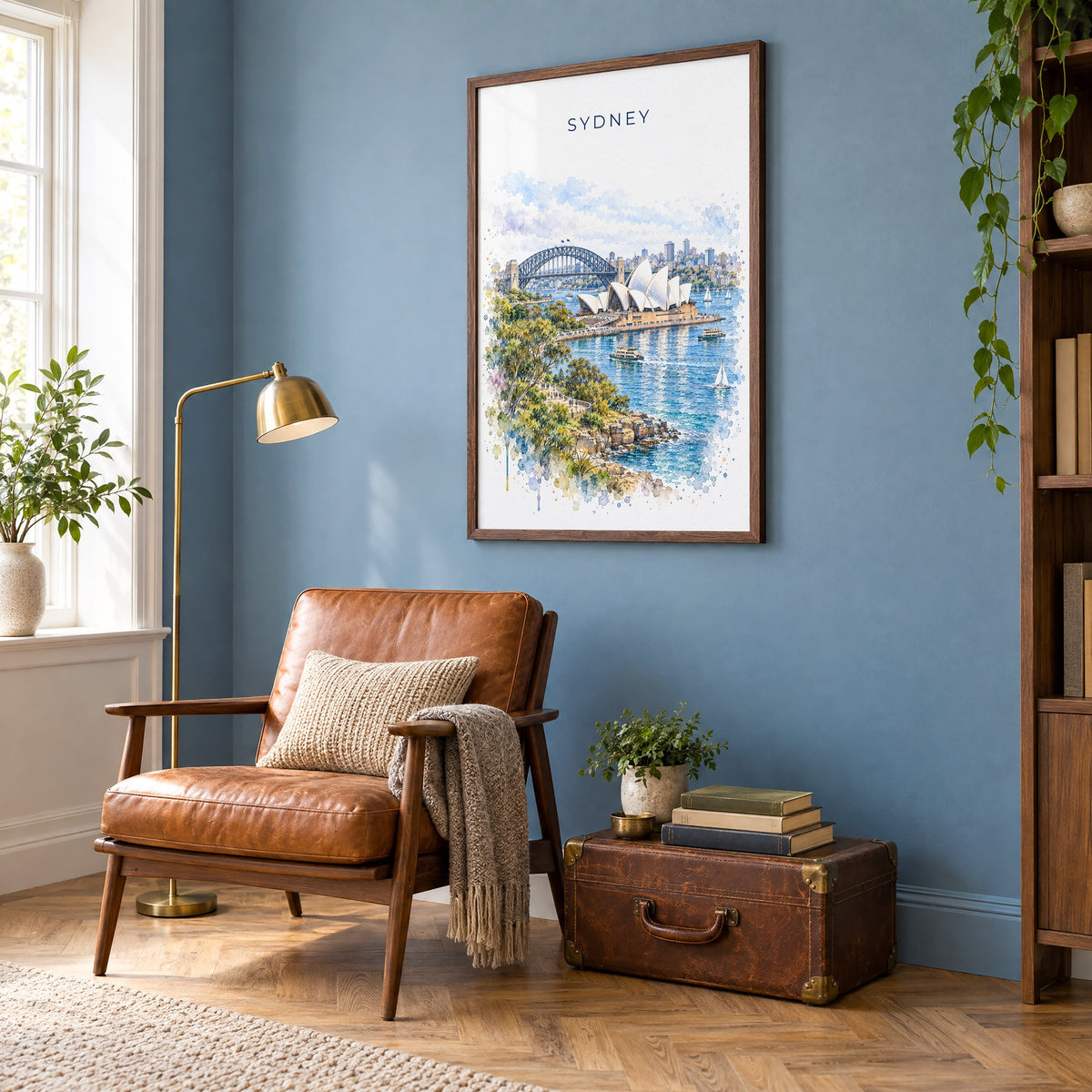Sydney watercolor print in a walnut frame on a blue wall above a leather armchair in a reading nook