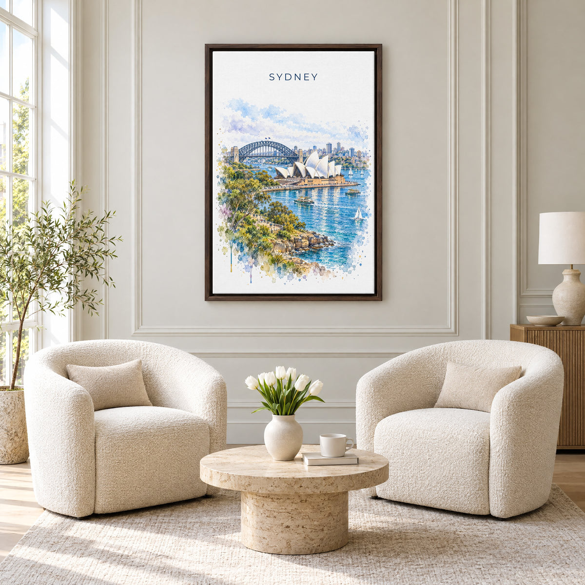 Sydney watercolor print as an espresso floater canvas above two boucle armchairs in a hotel lounge