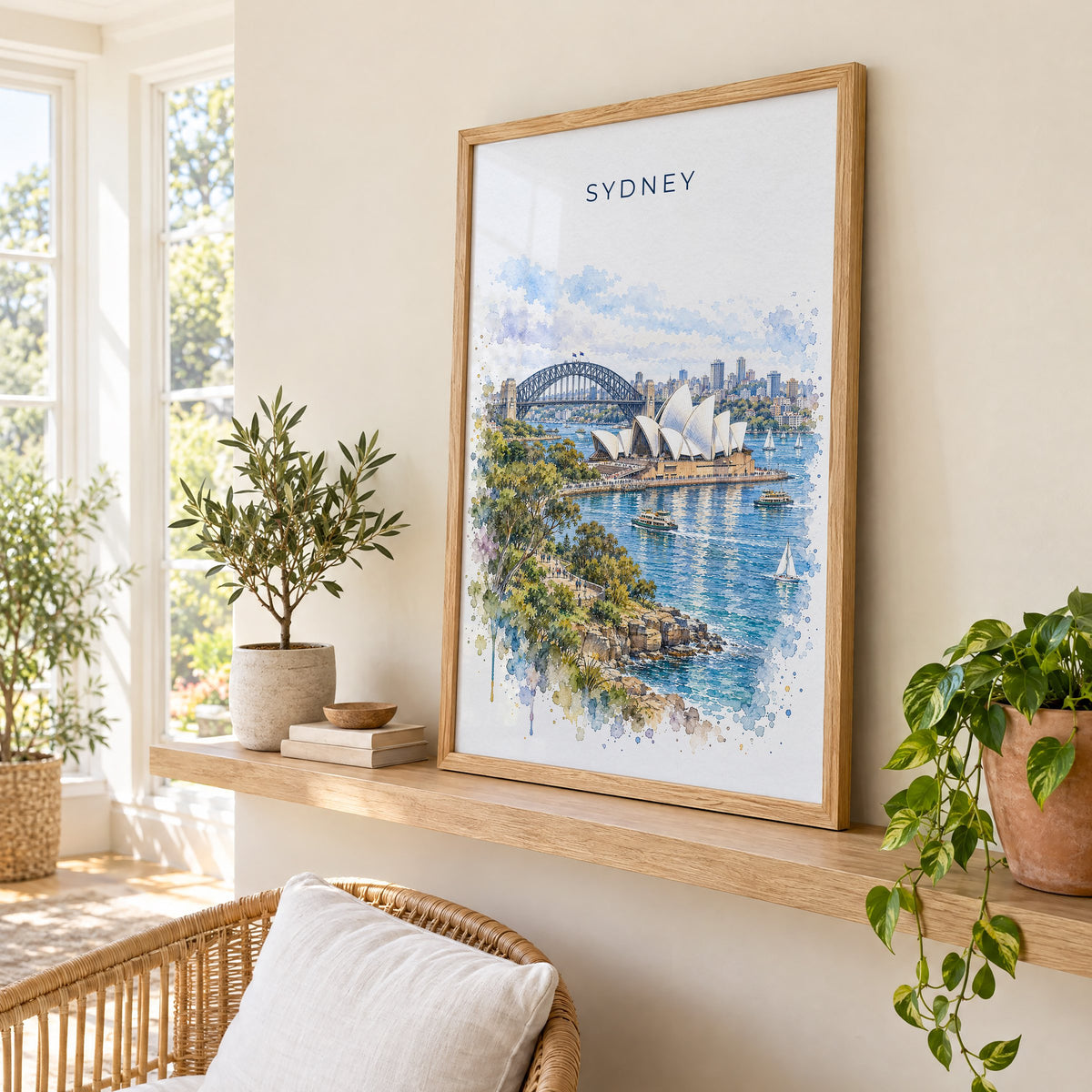Sydney watercolor print in an oak frame on a picture ledge in a sunlit sunroom