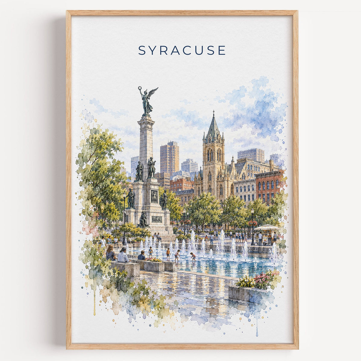 Syracuse, New York watercolor print in a light oak frame on a plain white wall