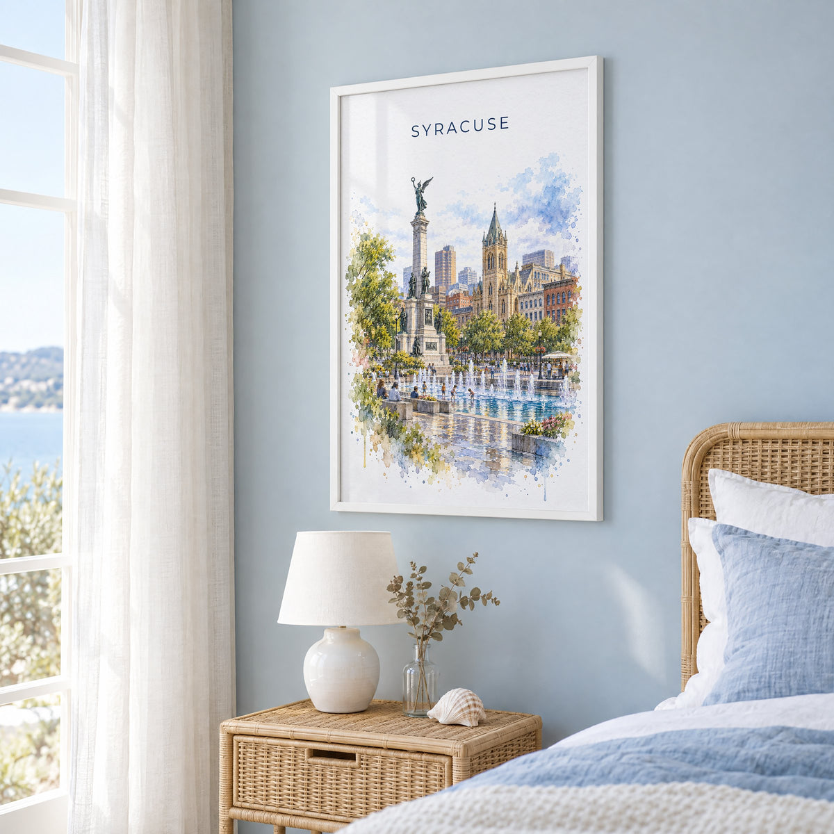 Syracuse, New York watercolor print in a white frame on a pale blue wall beside a rattan bed in a coastal bedroom