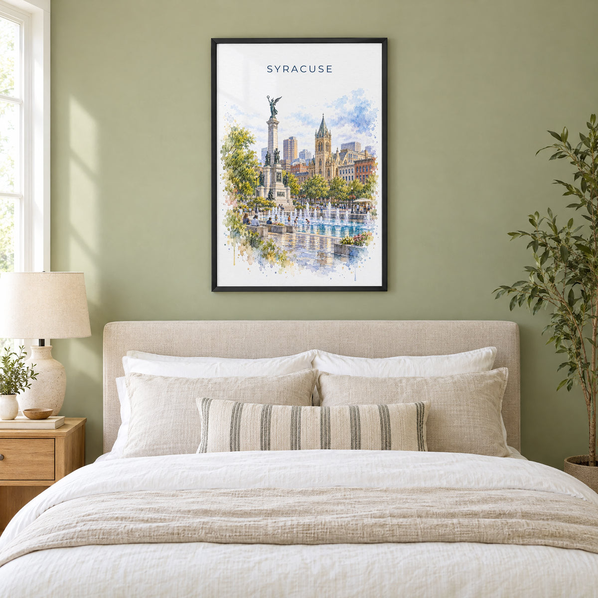 Syracuse, New York watercolor print in a black frame above an upholstered headboard in a sage green bedroom