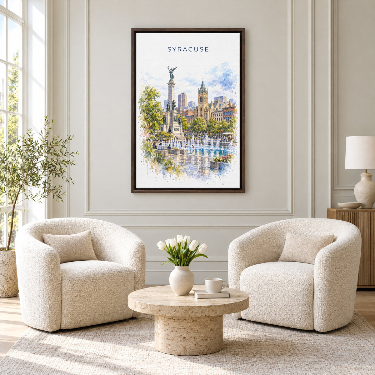 Syracuse, New York watercolor print as an espresso floater canvas above two boucle armchairs in a hotel lounge