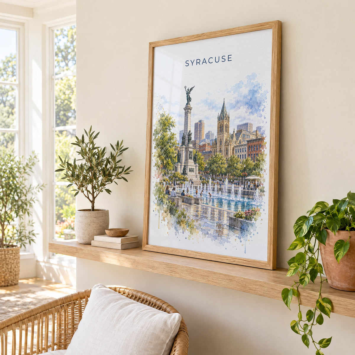 Syracuse, New York watercolor print in an oak frame on a picture ledge in a sunlit sunroom