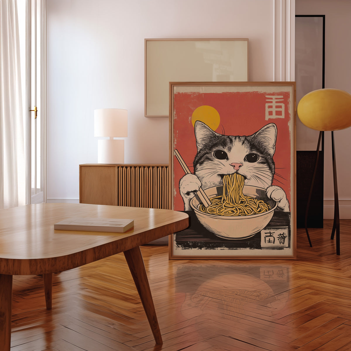 Gray tabby cat eating ramen print in a walnut frame leaning in a mid-century living room