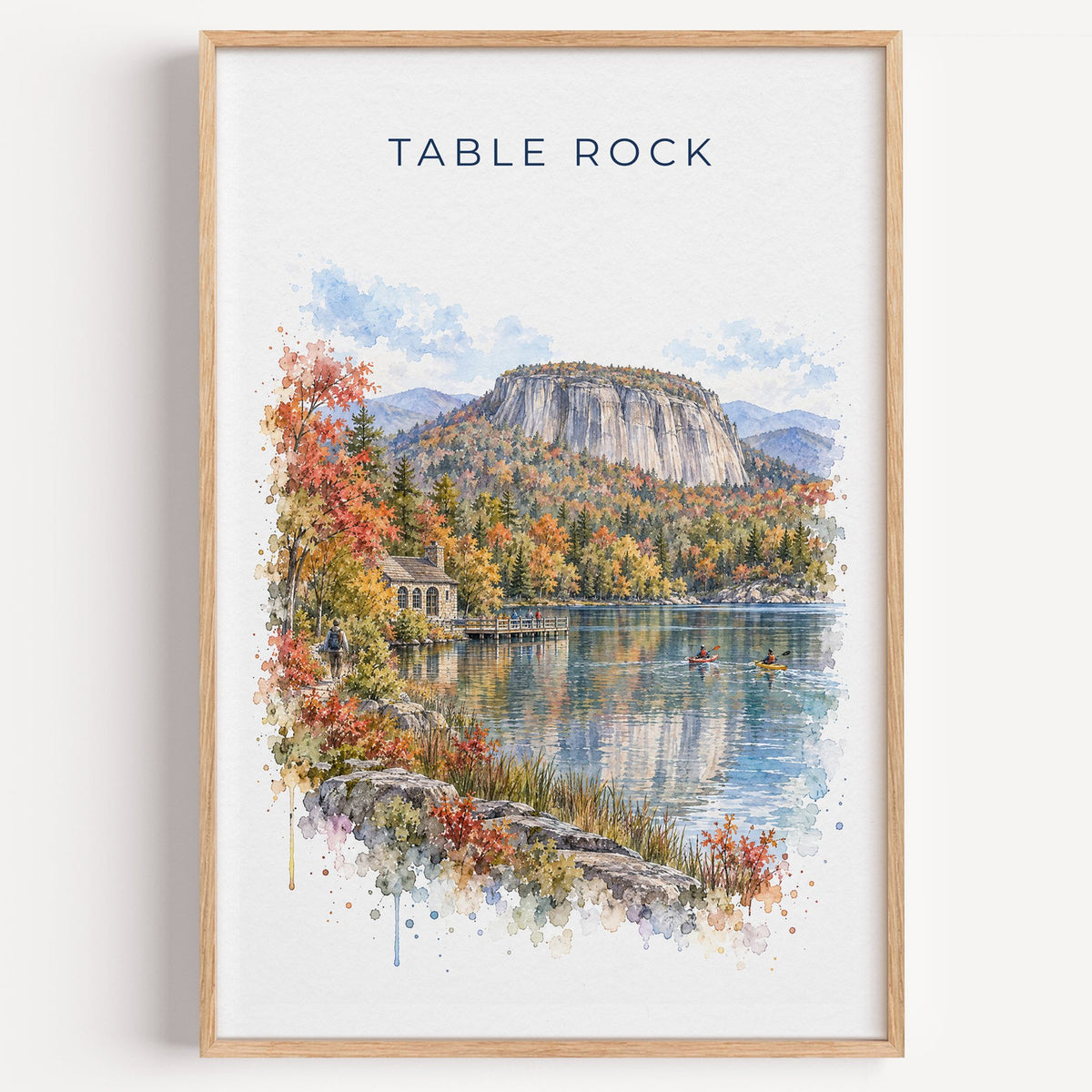Table Rock State Park watercolor print in a light oak frame on a plain white wall