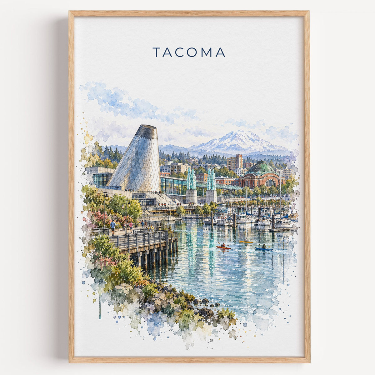 Tacoma watercolor print in a light oak frame on a plain white wall