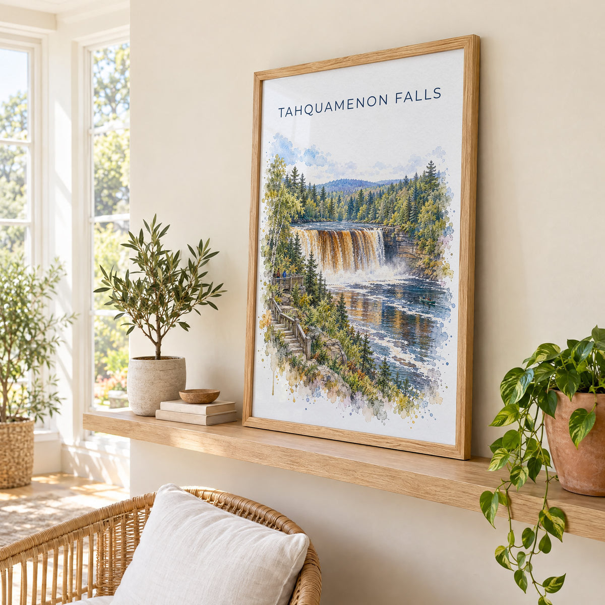 Tahquamenon Falls watercolor print in an oak frame on a picture ledge in a sunlit sunroom
