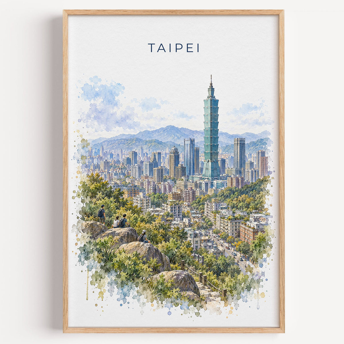 Taipei watercolor print in a light oak frame on a plain white wall