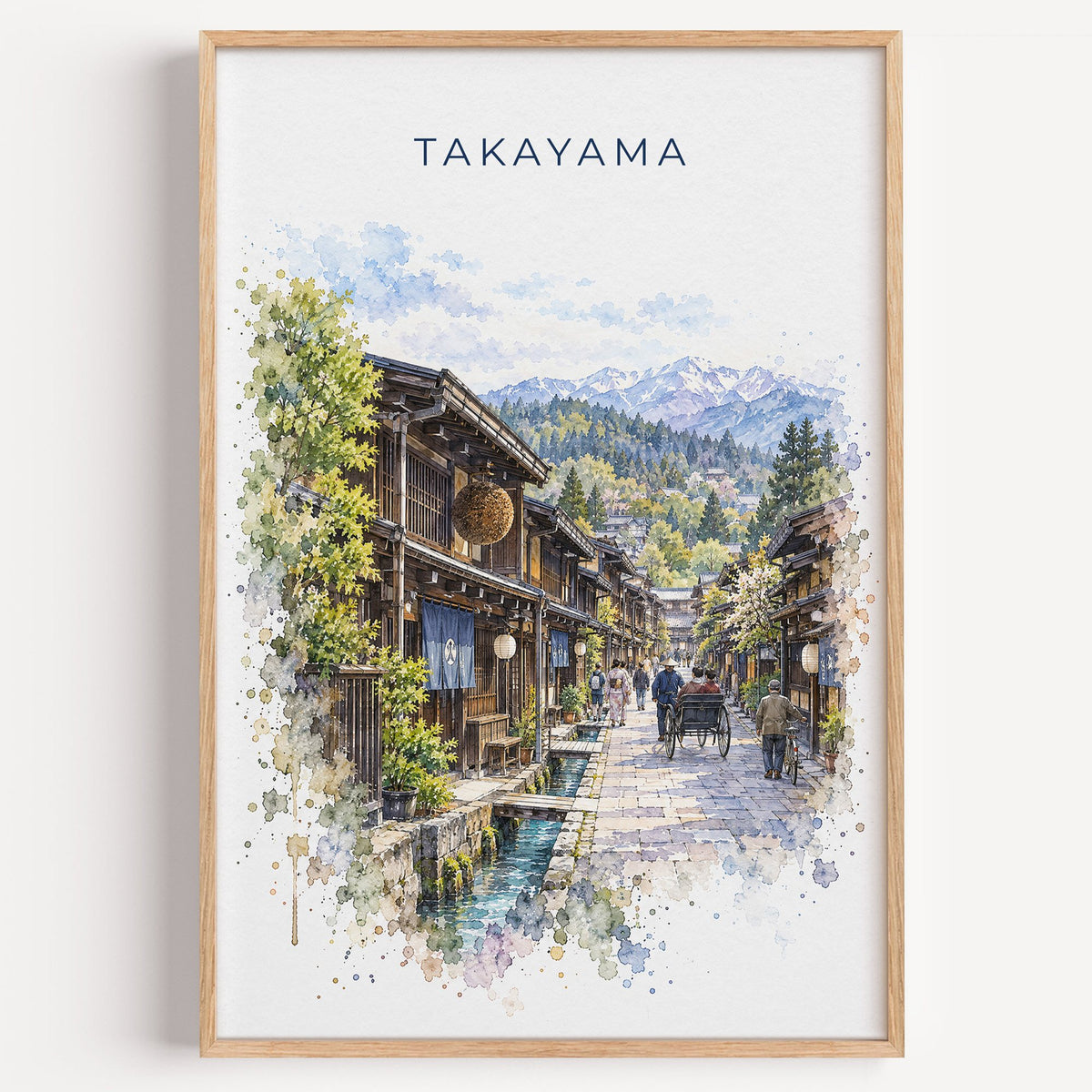 Takayama watercolor print in a light oak frame on a plain white wall