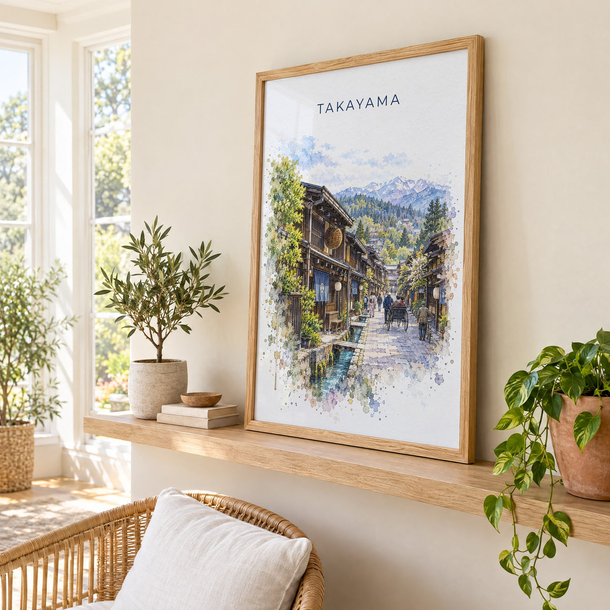 Takayama watercolor print in an oak frame on a picture ledge in a sunlit sunroom