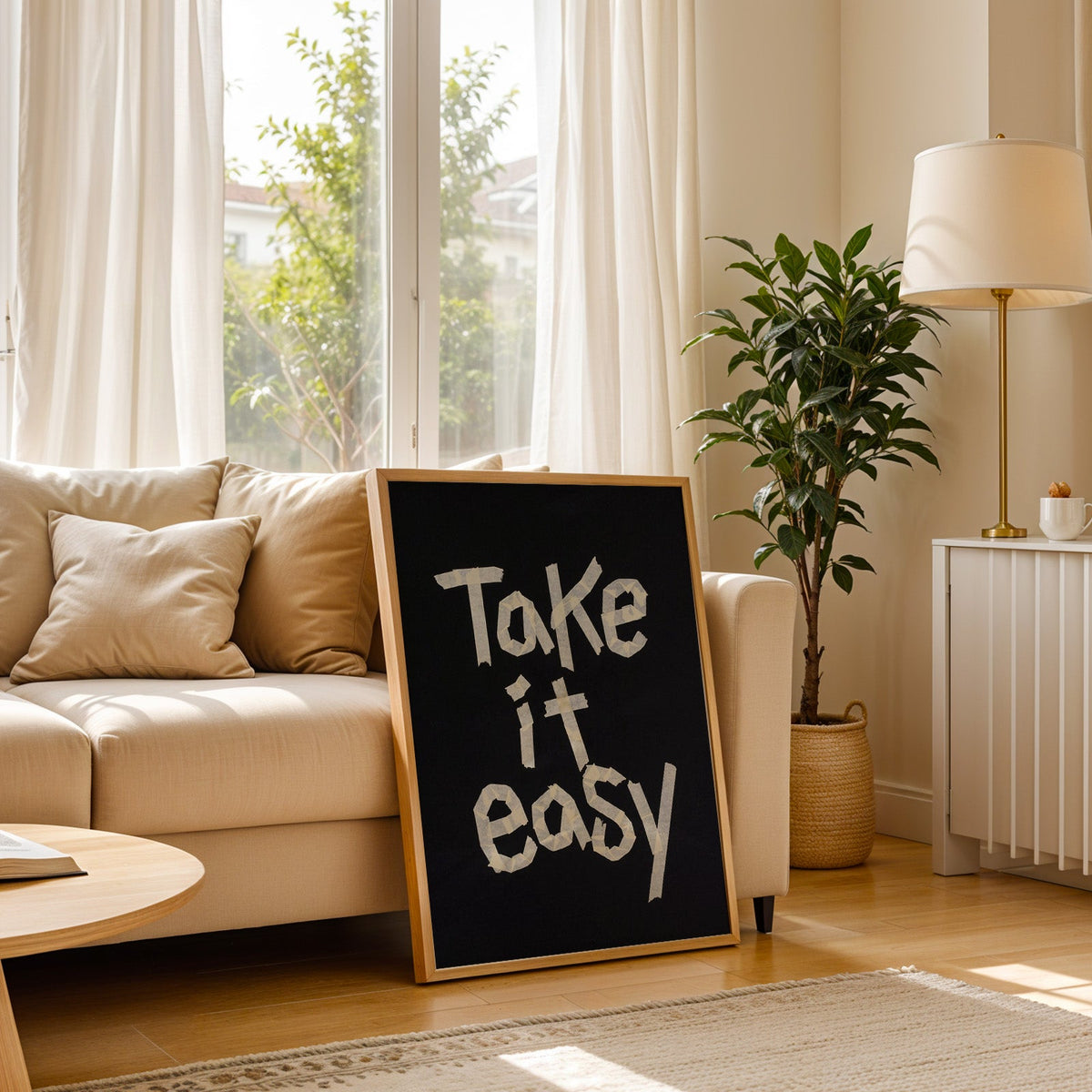 Take It Easy lowercase paper tape letters on black print in a light oak frame leaning on a cream sofa beside a floor lamp