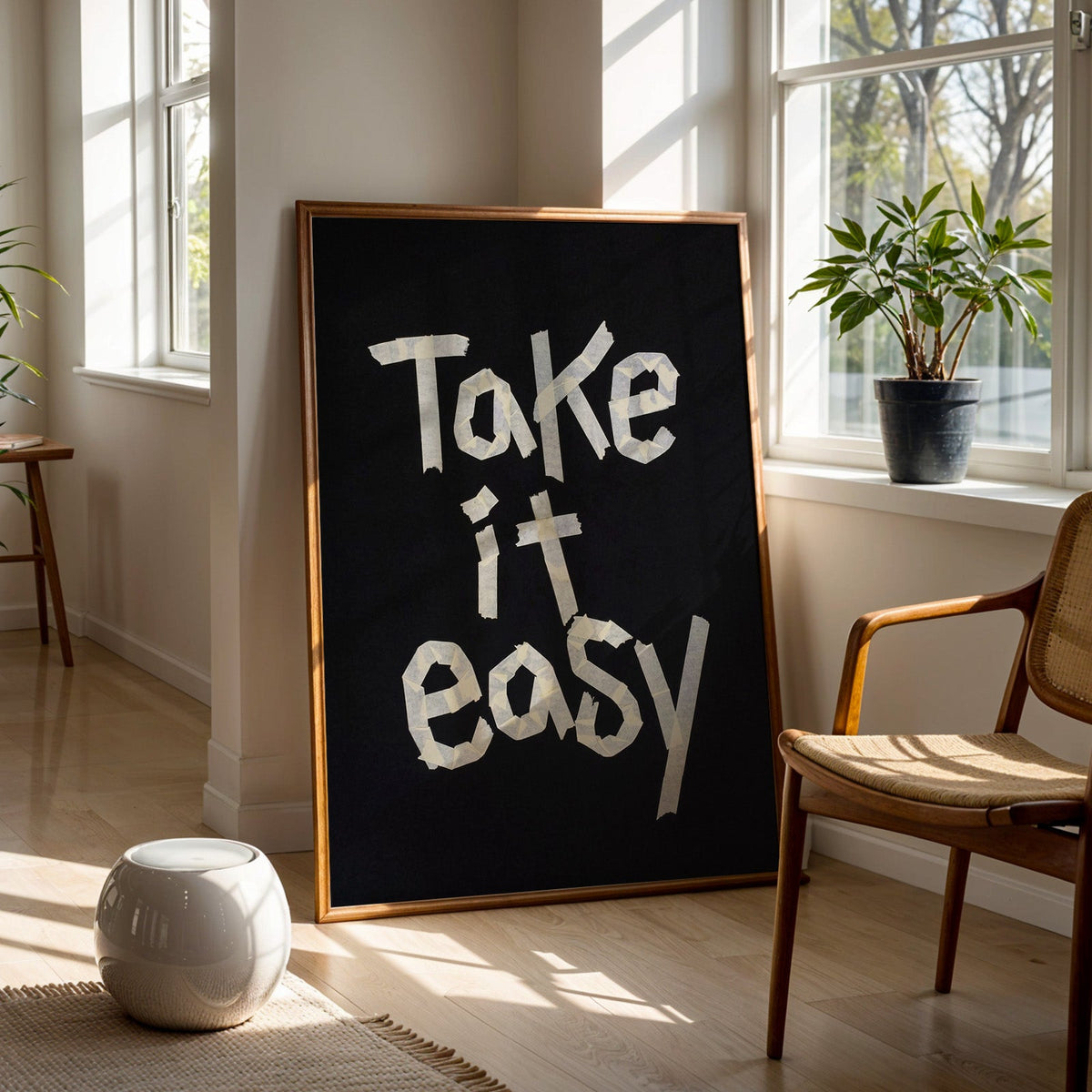 Take It Easy lowercase paper tape letters on black print in a walnut frame on a wood floor beside a cane chair and sunny window
