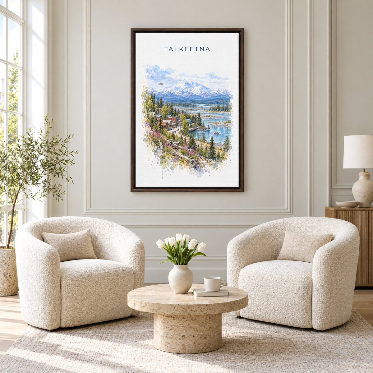 Talkeetna, Alaska watercolor print as an espresso floater canvas above two boucle armchairs in a hotel lounge