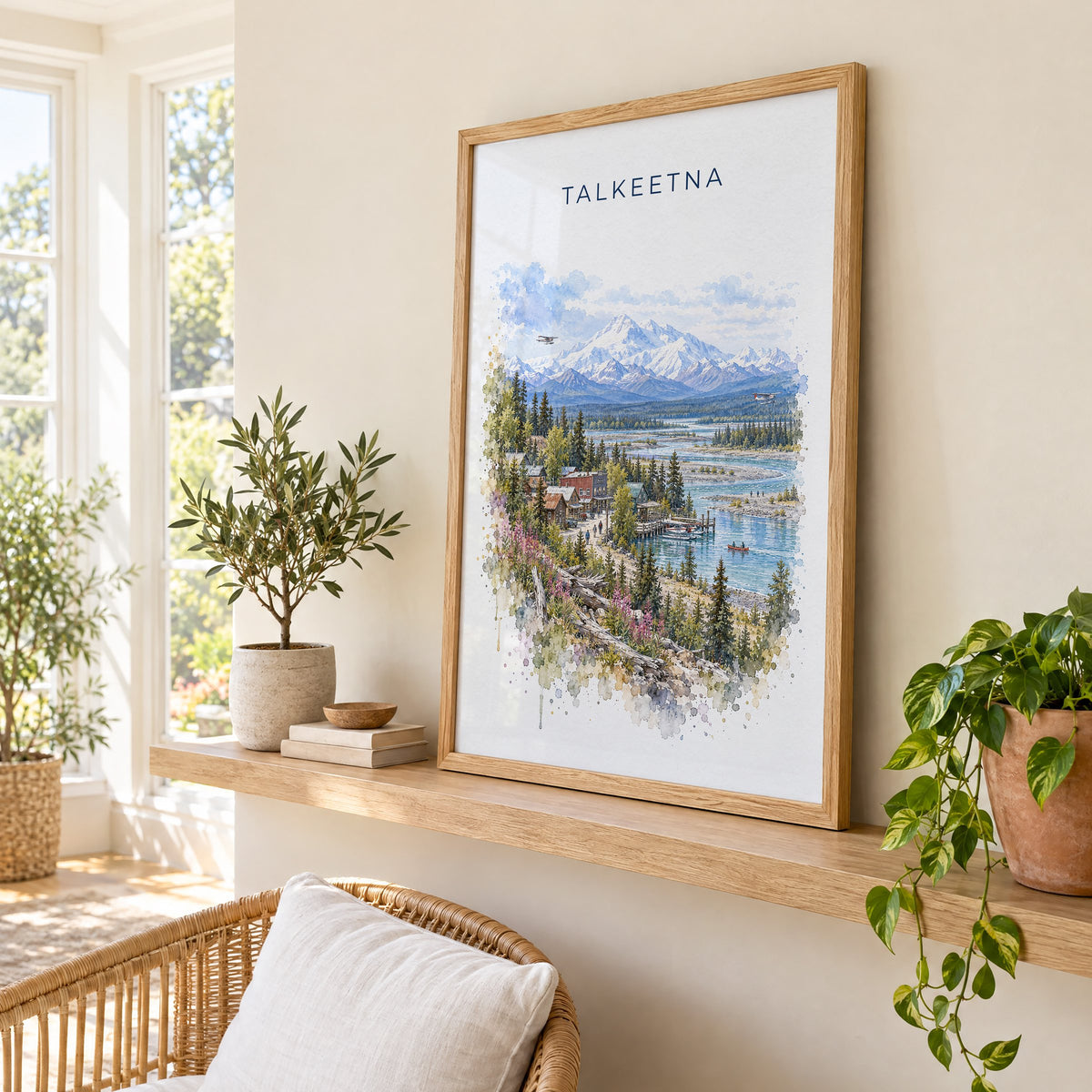 Talkeetna, Alaska watercolor print in an oak frame on a picture ledge in a sunlit sunroom
