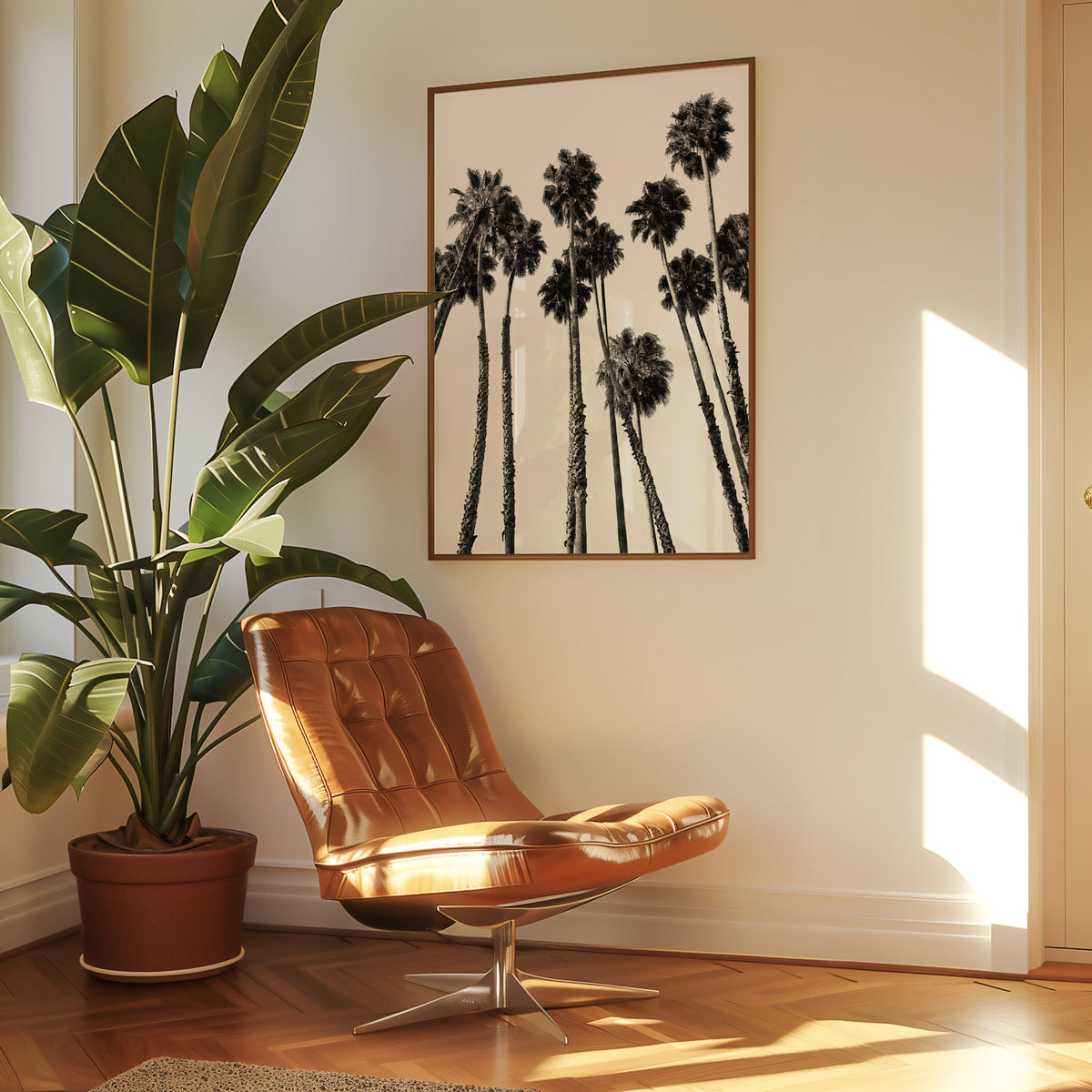 Dense fan palm grove seen from below print in a walnut frame above a leather lounge chair