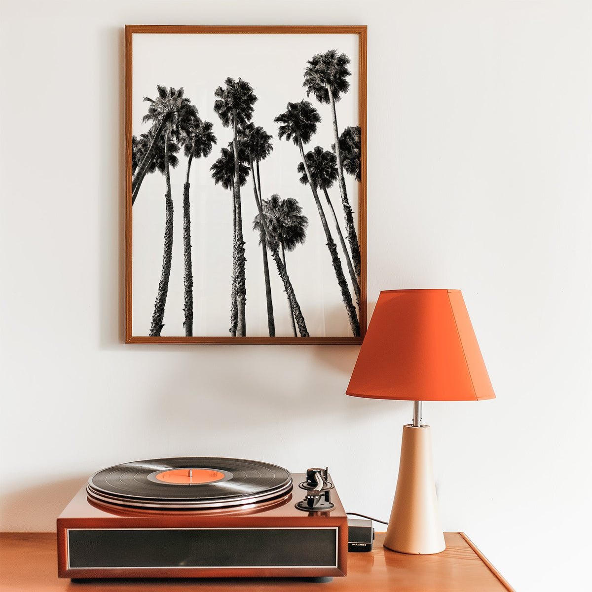 Dense fan palm grove seen from below print in a walnut frame above a record player and orange lamp